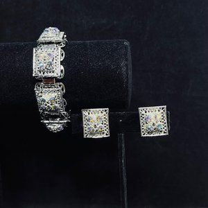 Silver Tone And AB Rhinestones Square Link Bracelet & Clip On Earrings Set (4692